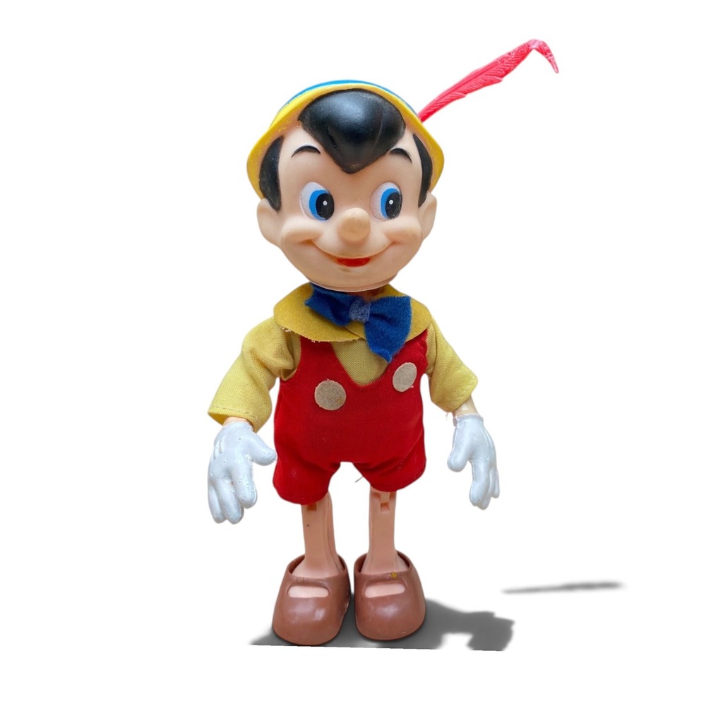 Walt Disney Pinocchio Figure Vintage Plastic Fabric Outfit 8 Inch Red Yellow